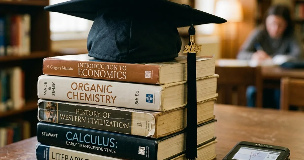 A black graduation cap resting on a stack of college textbooks next to a modern calculator.