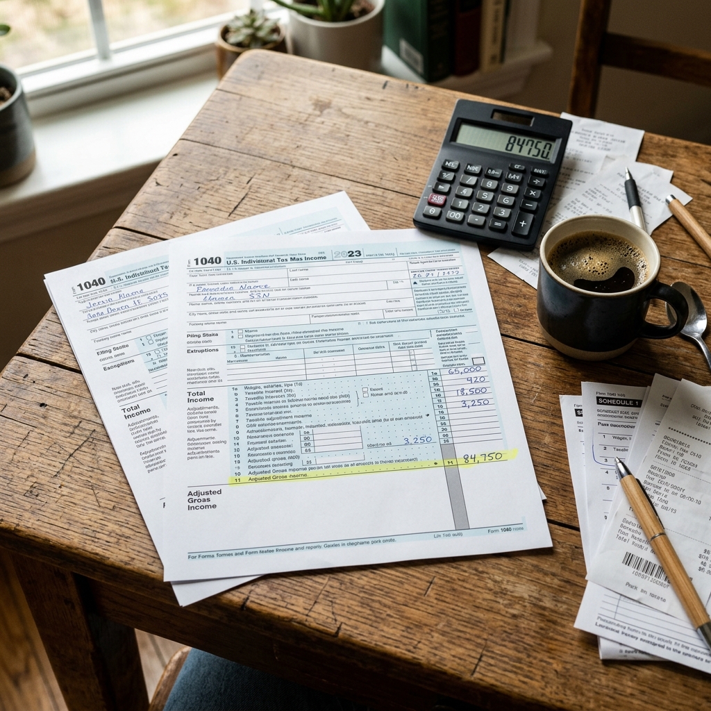 Tax forms highlighting AGI calculation