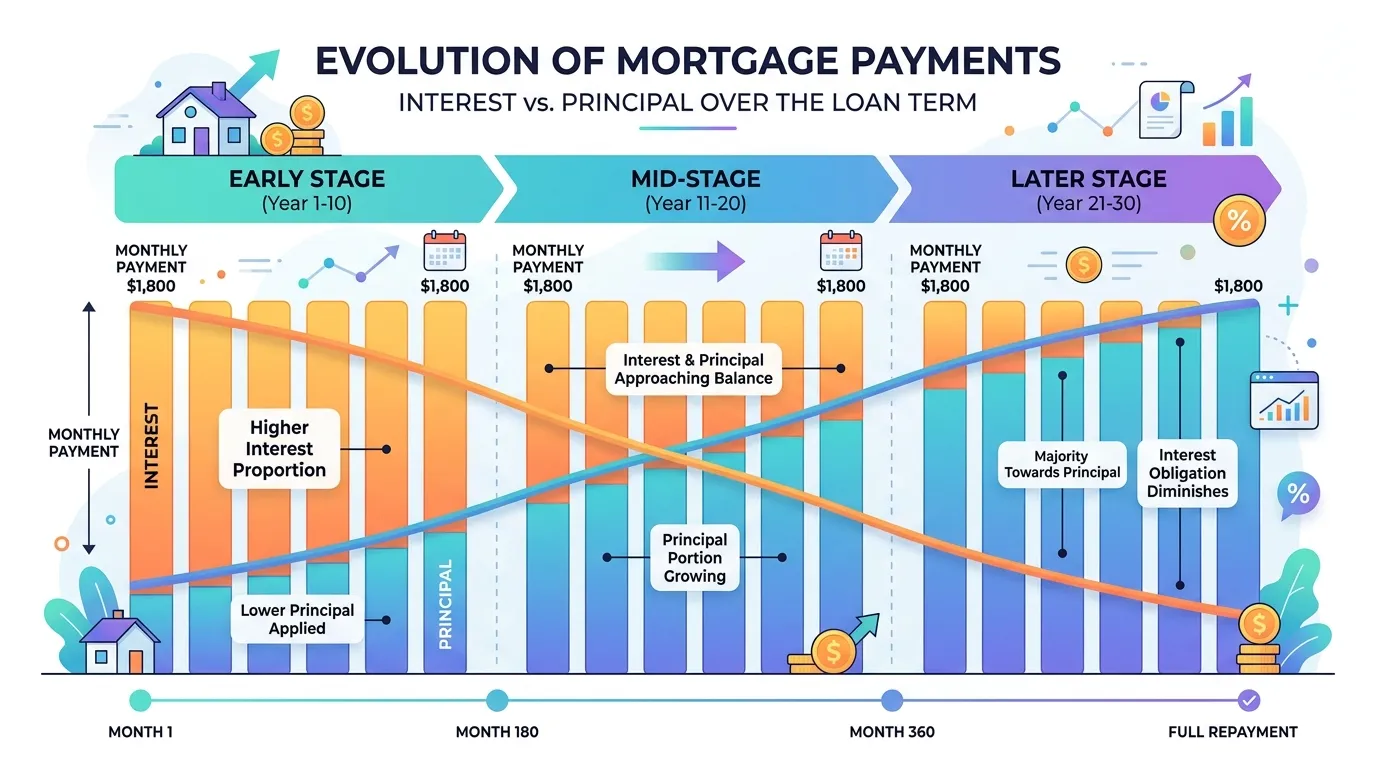 Amortization loan repayment infographic showing high early interest shifting to debt principal pay down over time