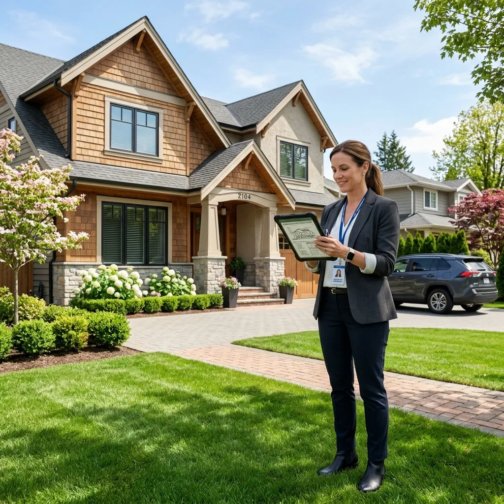 A professional real estate appraiser inspecting a residential home exterior with a clipboard.
