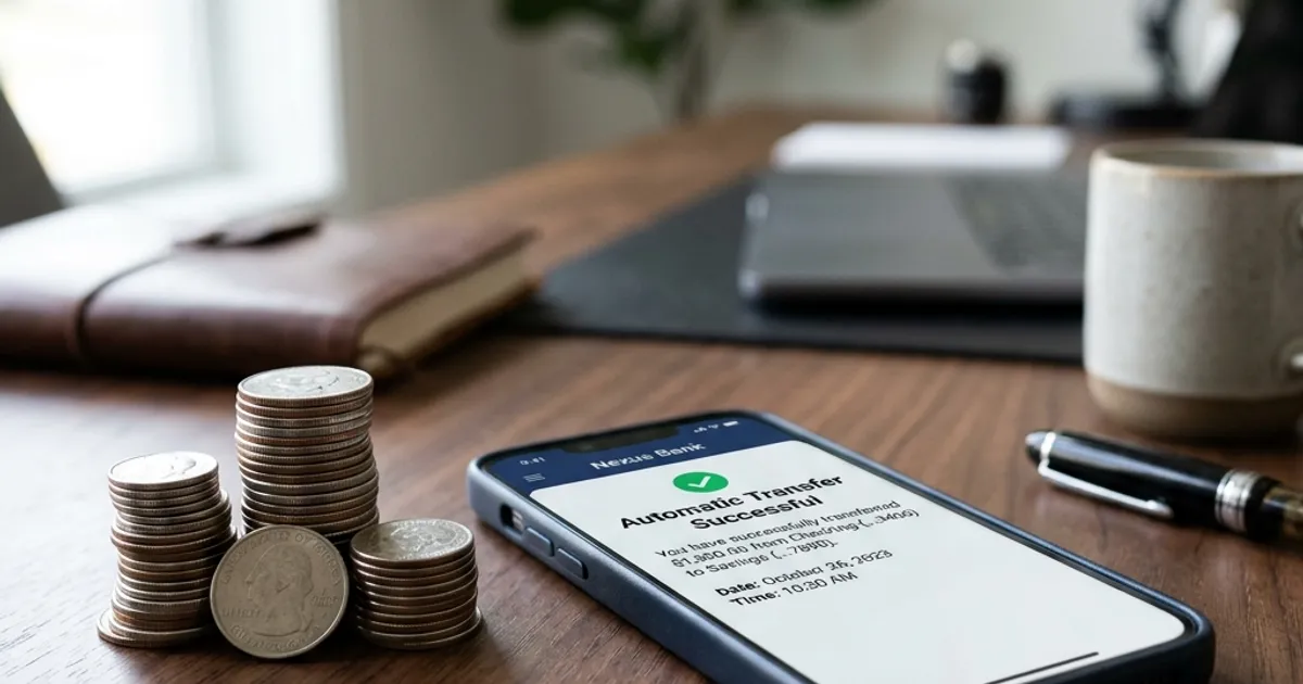 A smartphone resting on a sleek modern desk, displaying a banking app screen that says 'Automatic Transfer Successful', surrounded by a neat stack of coins.