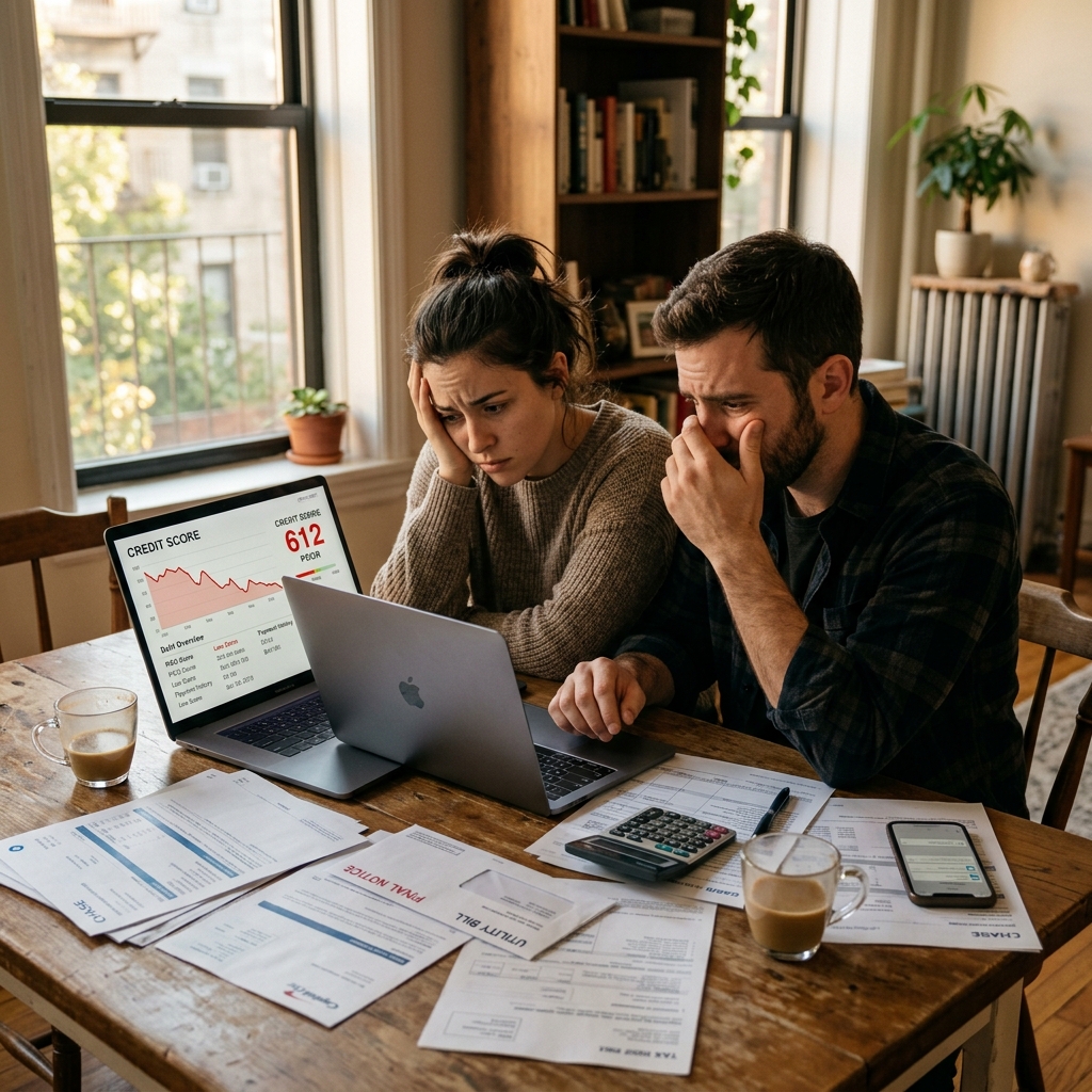 A stressed couple looking at credit scores on a laptop while discussing housing options.