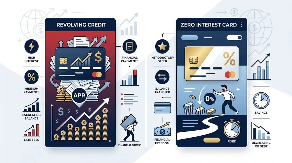 Two credit cards transferring high APR balances across a golden zero percent promotional bridge in 2026
