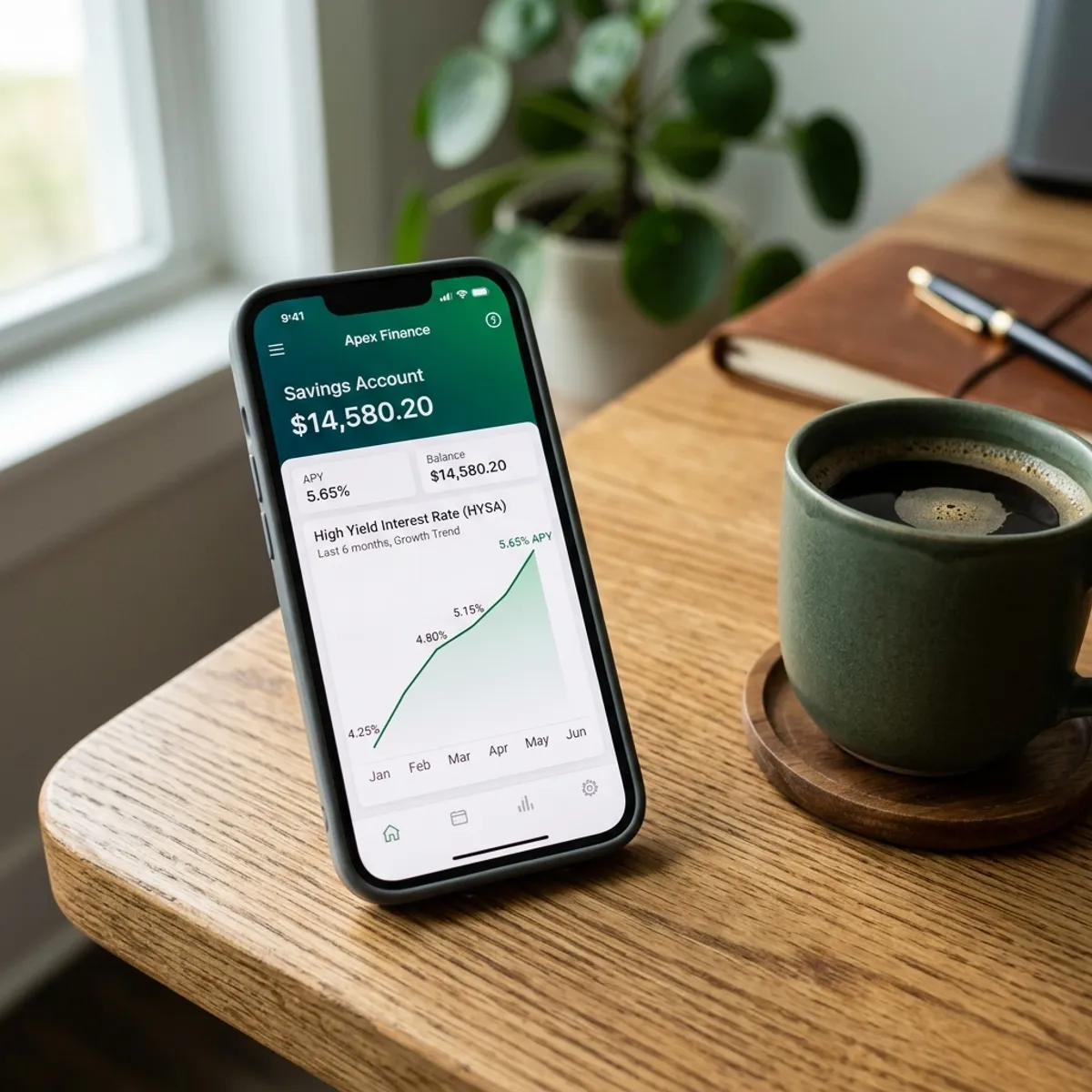 A smartphone displaying a banking app with a high yield interest rate graph, resting on a clean wooden desk.