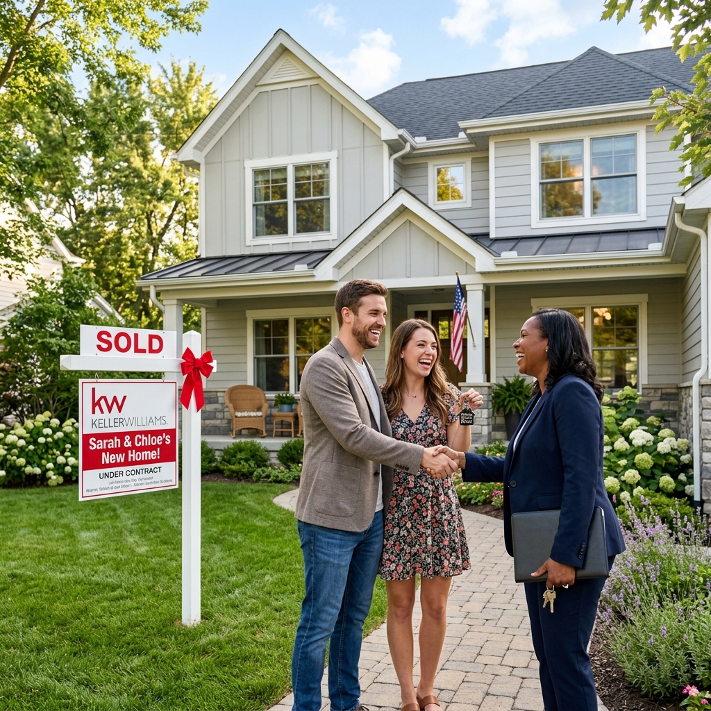 A couple shaking hands with a real estate agent after their offer was accepted on a new house.