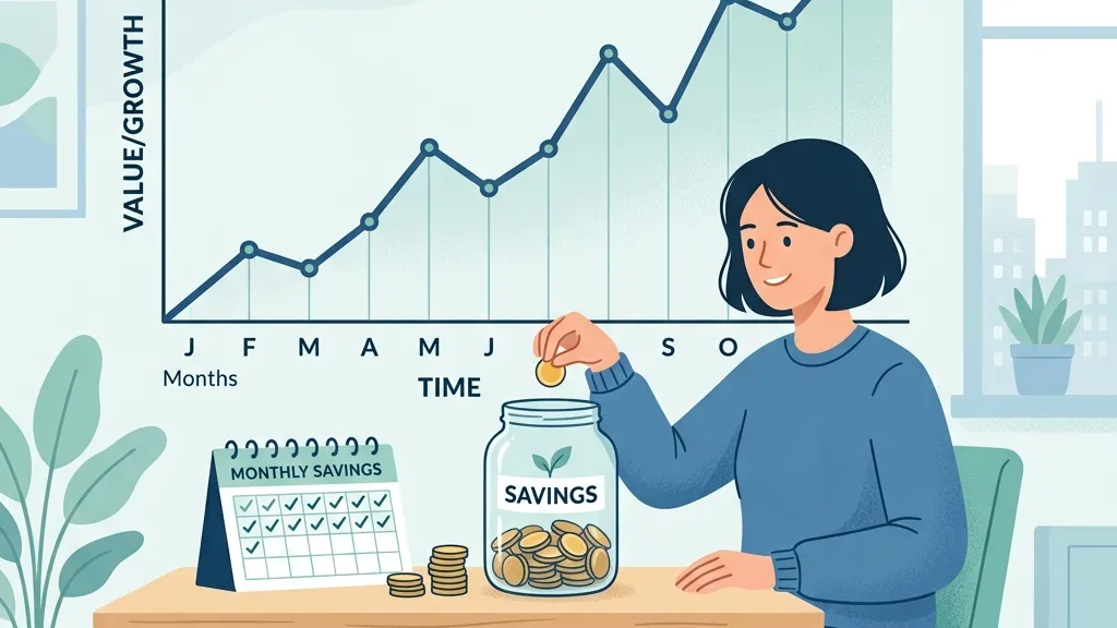 A person consistently putting coins into a jar every month while a chart grows.