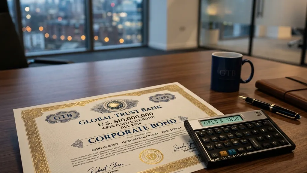 Photorealistic image of a professional bond certificate lying on a clean modern desk alongside a sleek calculator displaying yield percentages