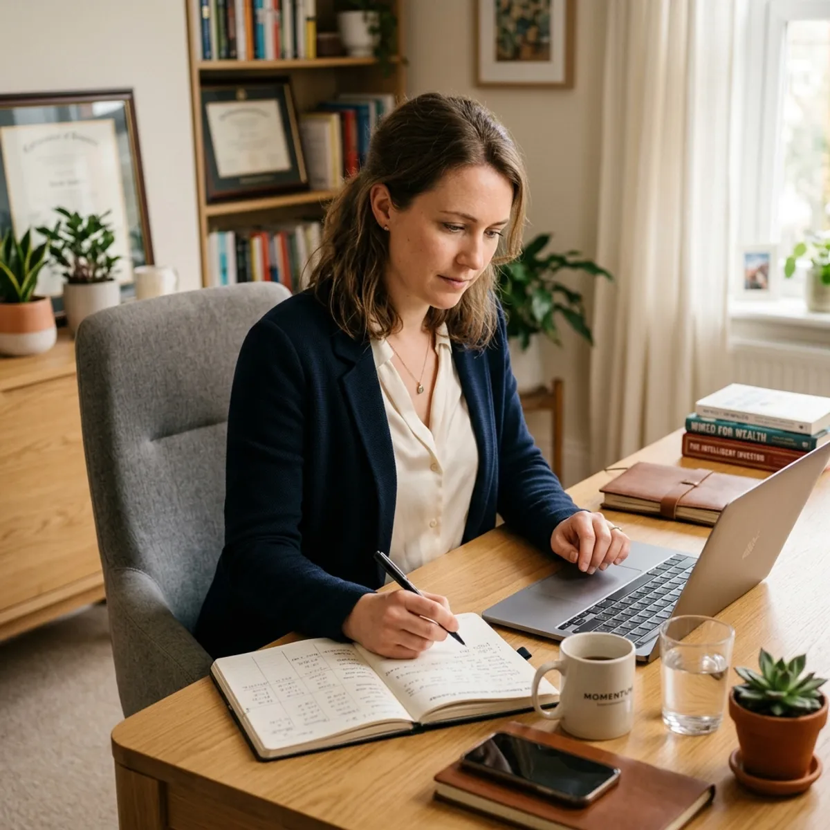 A professional sitting at a wooden desk, writing in a budgeting notebook next to a laptop.