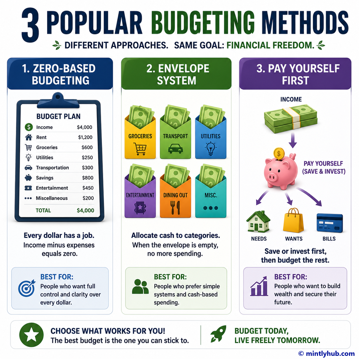 Comparison of zero-based, envelope, and pay-yourself-first budgeting methods