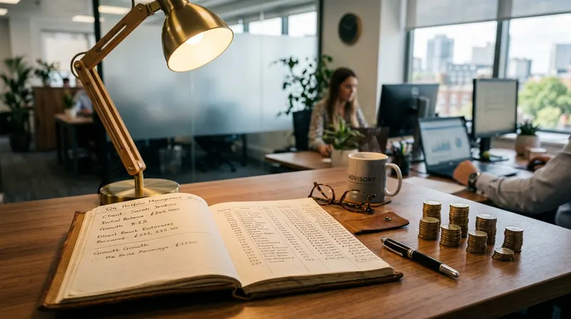 Financial advisor office desk featuring an accounting ledger book, coin stacks, and ink pen illustrating 2026 capital gains tax strategies