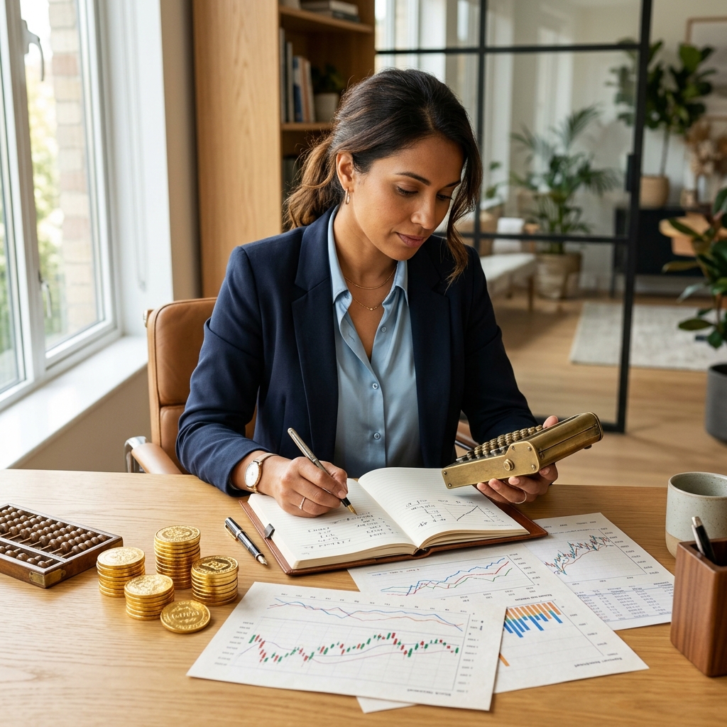 Person calculating investment profits and taxes