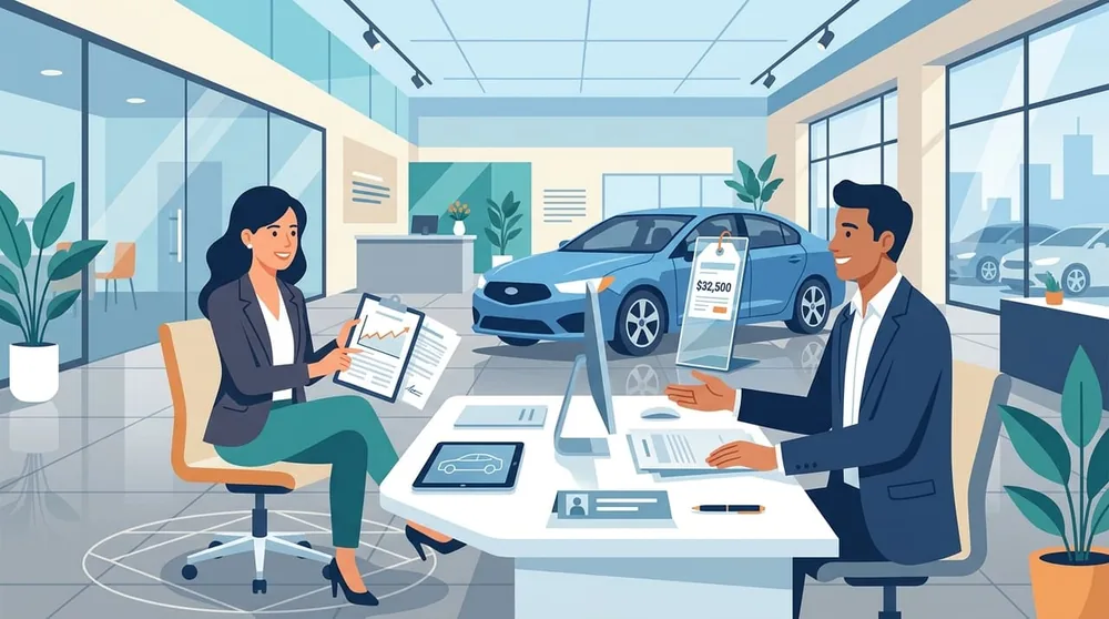 Illustration of consumer pledging physical automobile as secured collateral during dealer loan negotiation in 2026