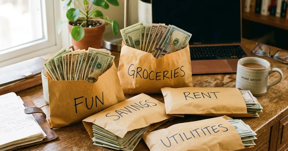 Several brown paper envelopes filled with cash, with handwritten labels like 'Groceries' and 'Fun' written on them, resting on a home office desk.