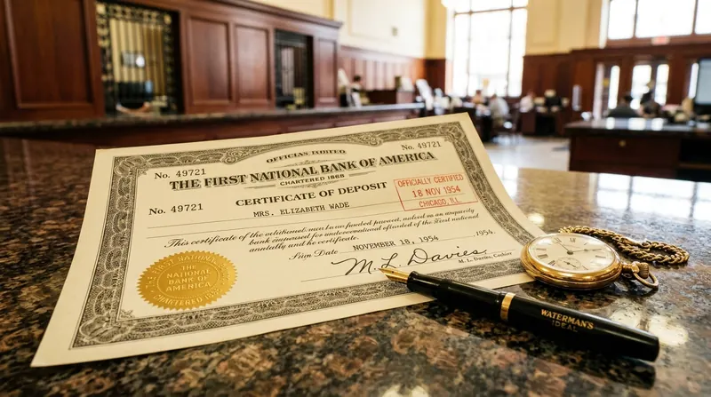 A stamped official bank certificate document resting on a polished granite teller counter next to an elegant fountain pen and a vintage gold pocket watch.