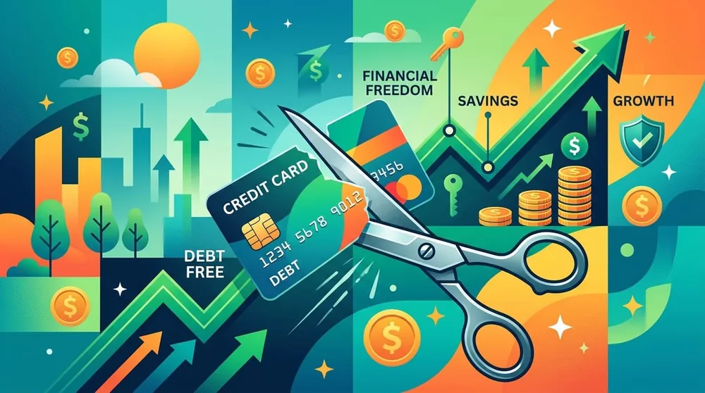 Illustration of cutting a credit card in half, representing getting out of debt