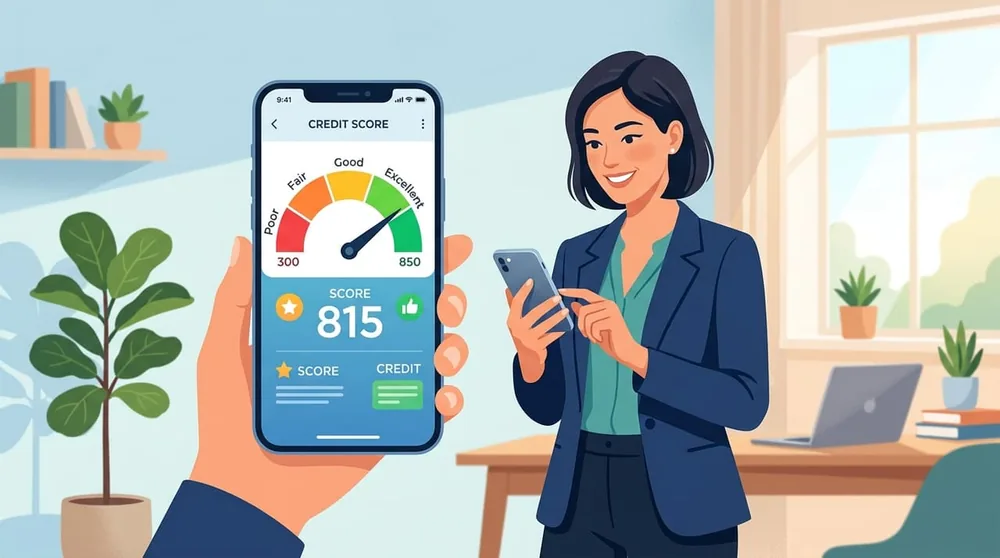 Person confidently checking credit score on smartphone app showing green score meter