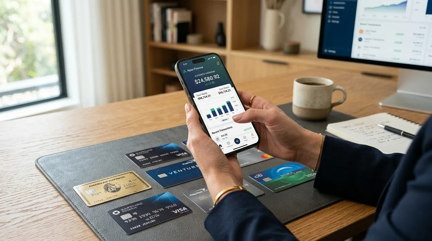 Person calculating credit utilization on a smartphone with credit cards nearby