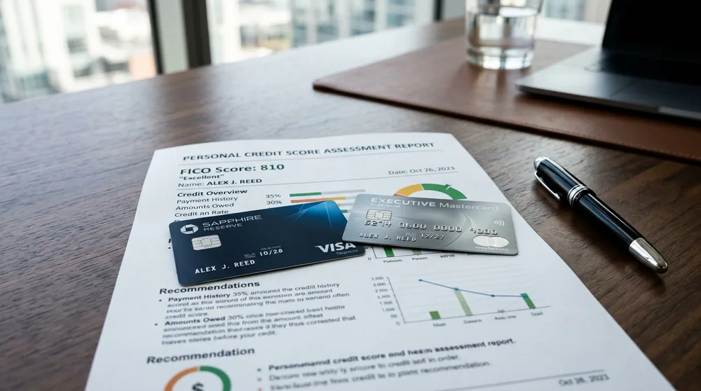 Illustration of consumer evaluating multiple credit card balances and managing spending below revolving credit limits