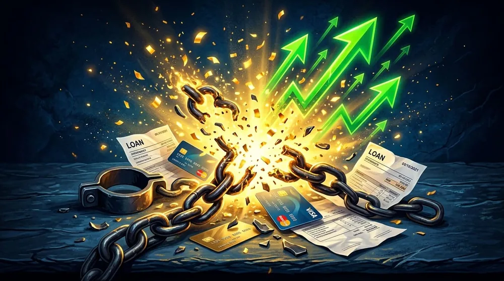 A person breaking free from heavy chains representing debt relief