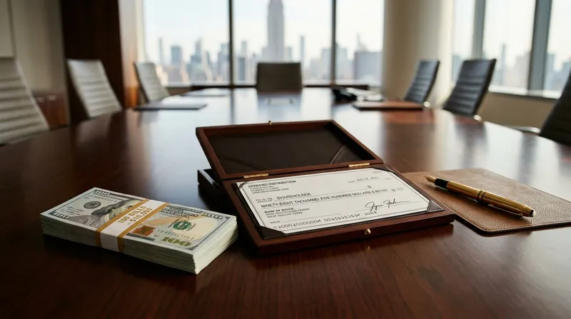 A polished corporate boardroom desk with a stack of crisp US dollar bills, a gold fountain pen, and a formal dividend distribution check.