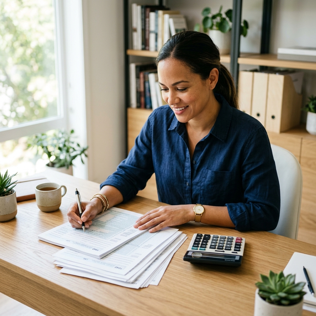 A person reviewing W-2s and tax documents on a laptop