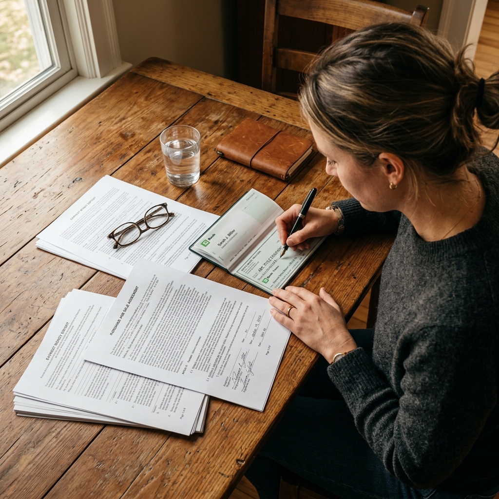 A homebuyer writing a personal check for an earnest money deposit on a wooden table.