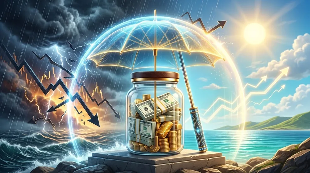 Protective financial shield covering emergency fund cash reserves during life emergencies