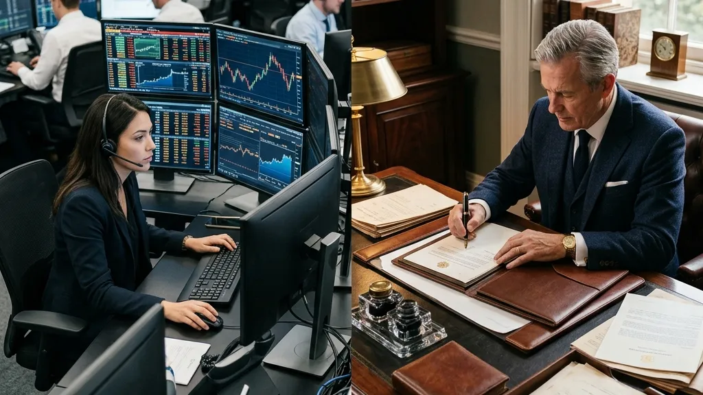 Split scene showing modern digital trading terminals and a traditional portfolio manager's desk