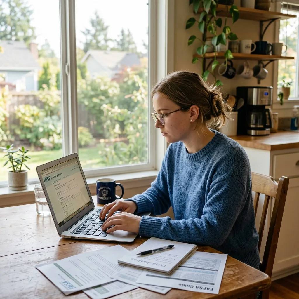 A young college student filling out a government financial aid application on a laptop.