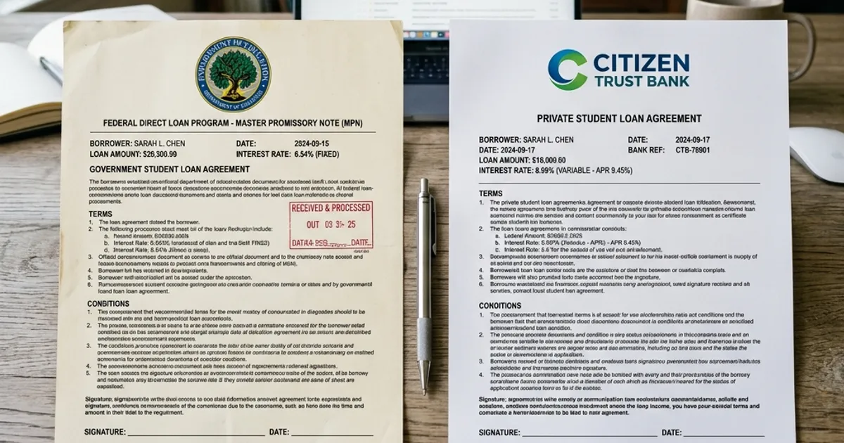 Two student loan documents side-by-side on a desk, one marked with a government seal and the other with a corporate bank logo.