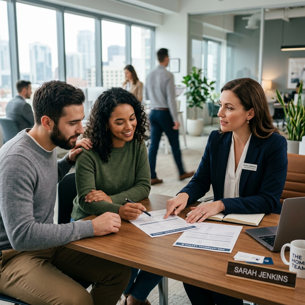 A real estate agent explaining loan documents to a young homebuyer.