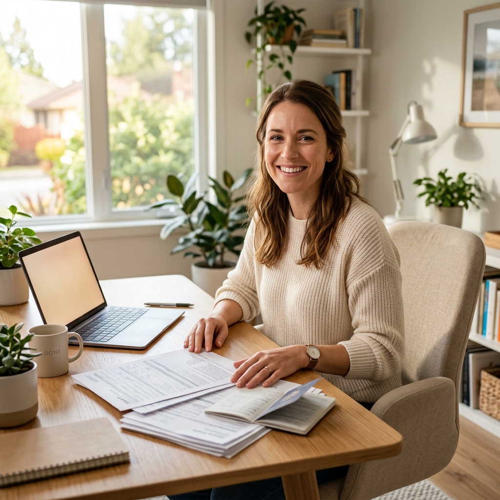 A young professional sitting at a desk with a laptop and tax documents, smiling while filing taxes.