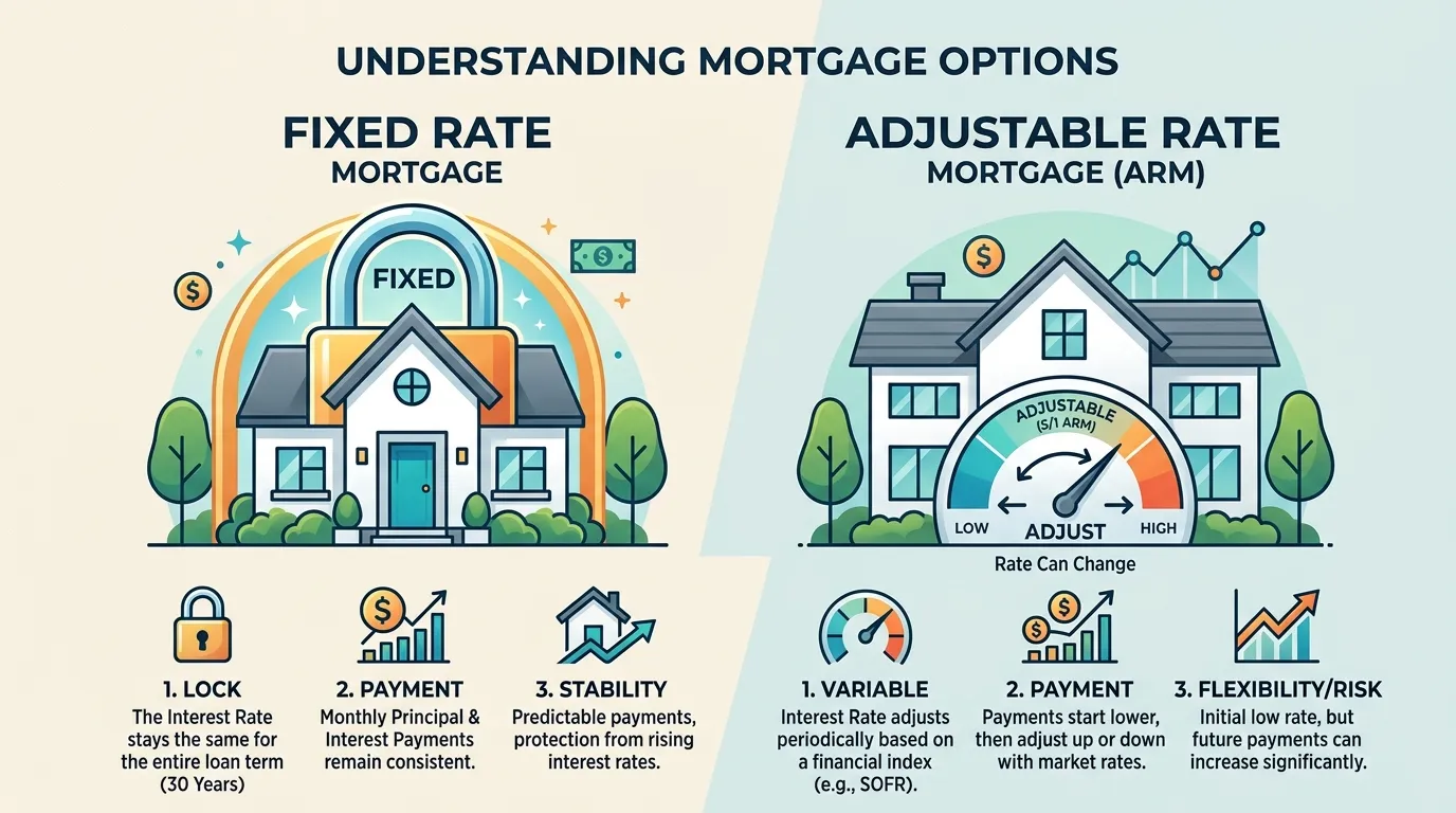 Architectural comparison of a solid stone foundation fixed rate house versus a flexible floating adjustable rate mortgage home