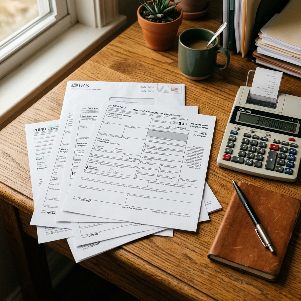 A blank 1099 tax form resting next to a calculator