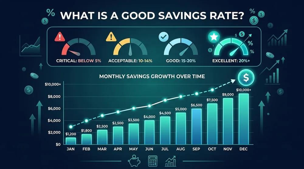 Chart showing good personal savings rate benchmarks by age and income level in 2026