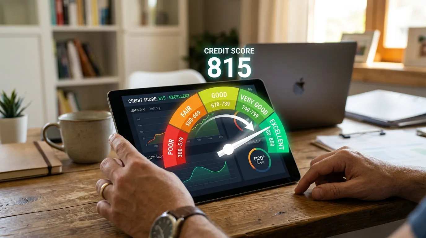 FICO credit score gauge showing ranges from Poor (300) to Exceptional (850)