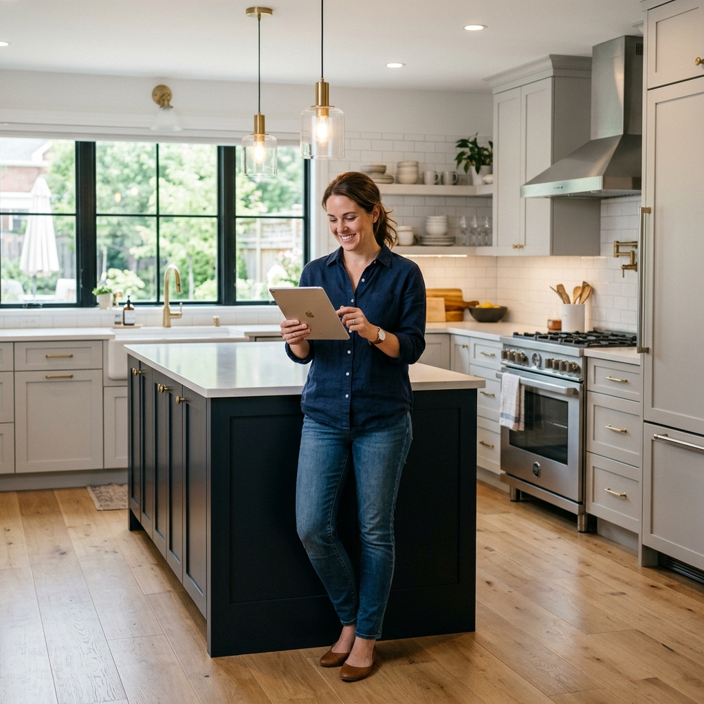 A homeowner standing in their newly renovated kitchen looking at a tablet.