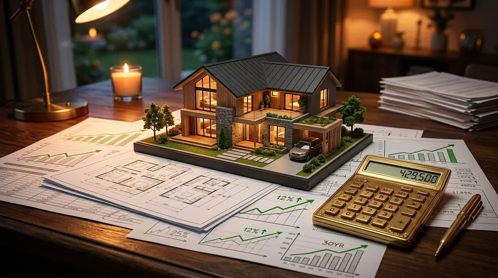 Home affordability calculation concept showing family house model on financial blueprints and calculator