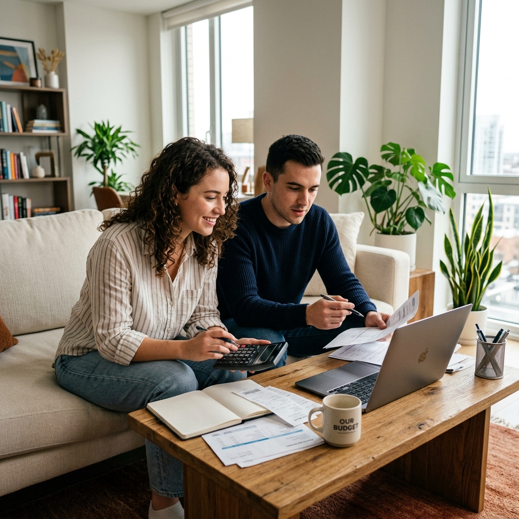 A young couple using a calculator and reviewing their budget in a bright, modern living room.