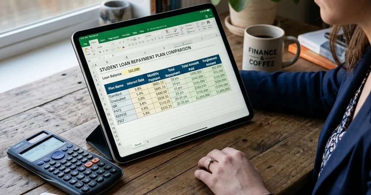 A financial spreadsheet comparing different student loan repayment plans on a tablet, with a calculator and notepad on a desk.