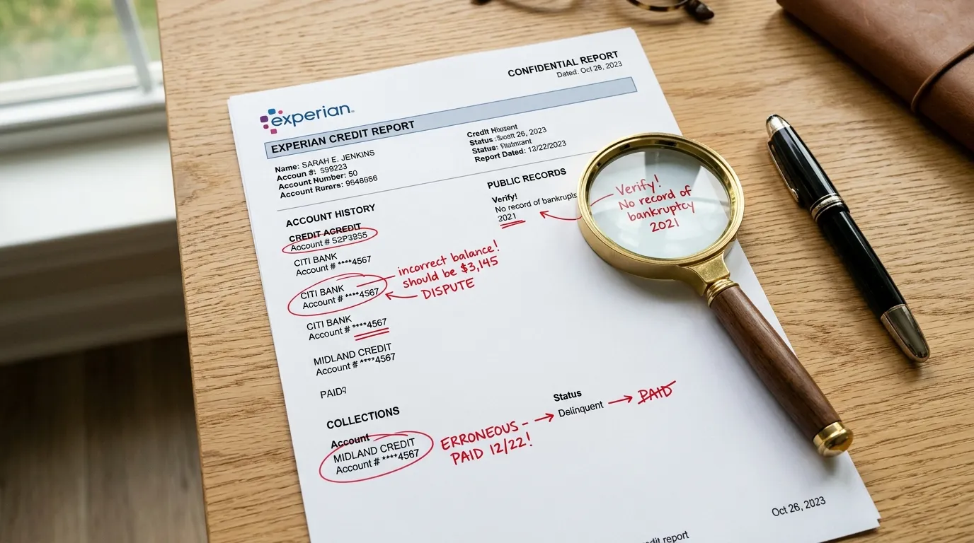 Person reviewing a credit report with a magnifying glass