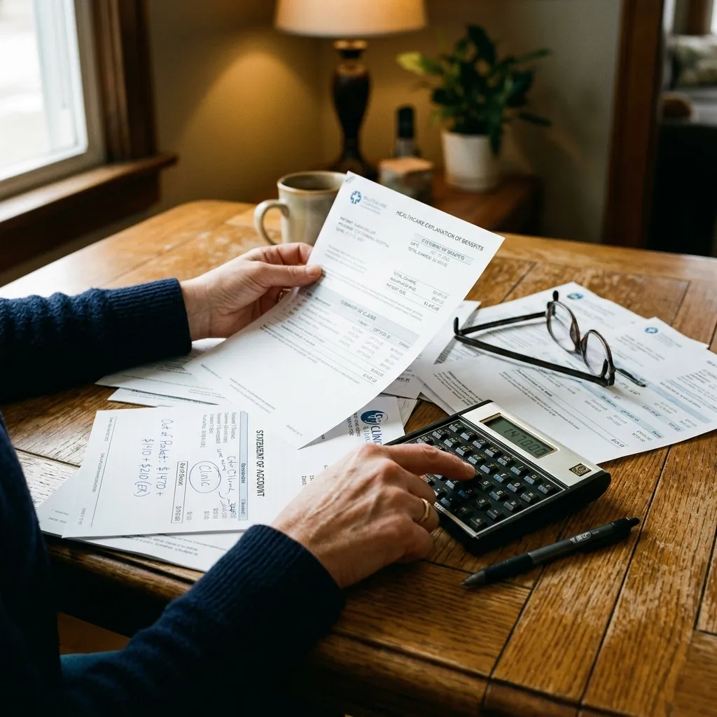 Close up of hands holding medical bills and a calculator