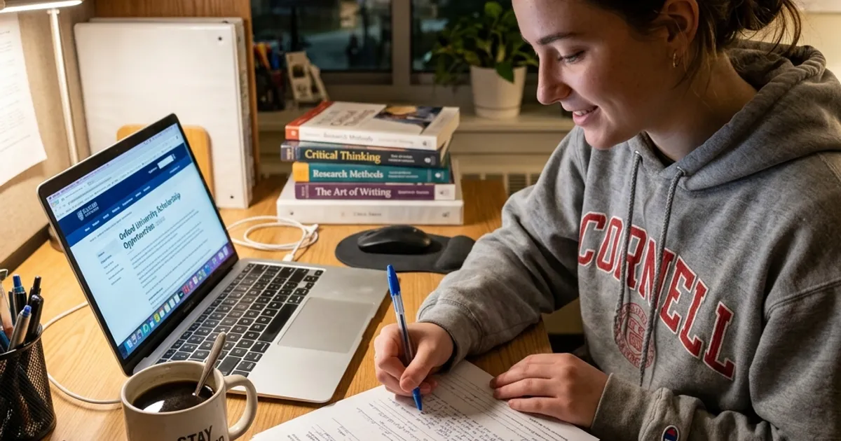 A college student's desk showing a printed scholarship application form, an open laptop, and a cup of coffee.