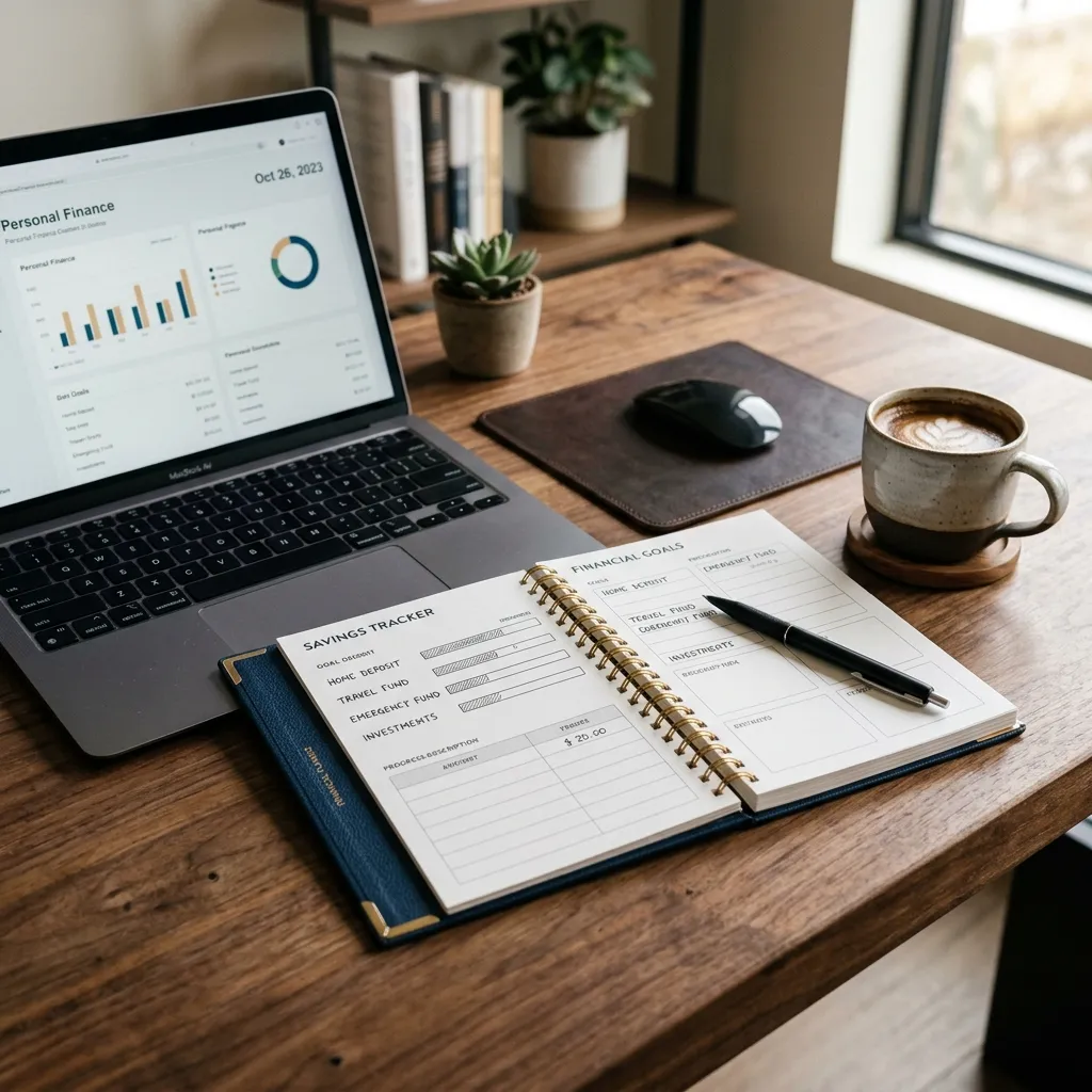 A modern savings tracker planner on a sleek desk next to a laptop and coffee, illustrating financial goal planning.