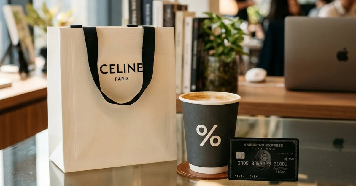A designer shopping bag and a premium coffee cup next to a credit card on a glass desk.