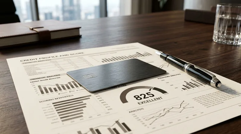 A sleek premium metal credit card resting on a dark walnut executive desk next to a detailed financial credit score report.