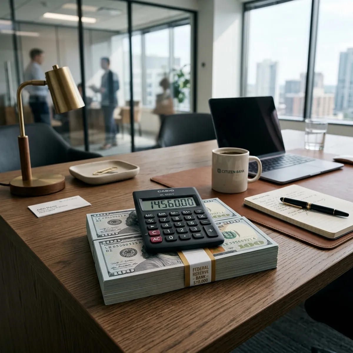 A calculator resting on top of a stack of hundred dollar bills.