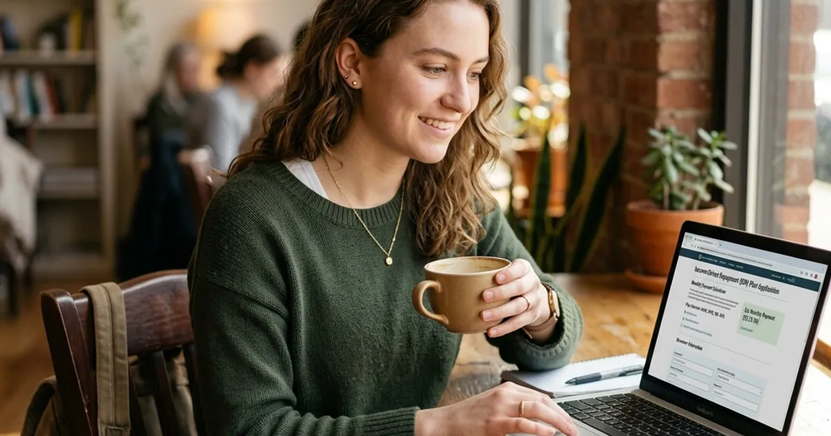 A recent college graduate reviewing income-driven repayment options on a laptop screen, holding a cup of coffee.