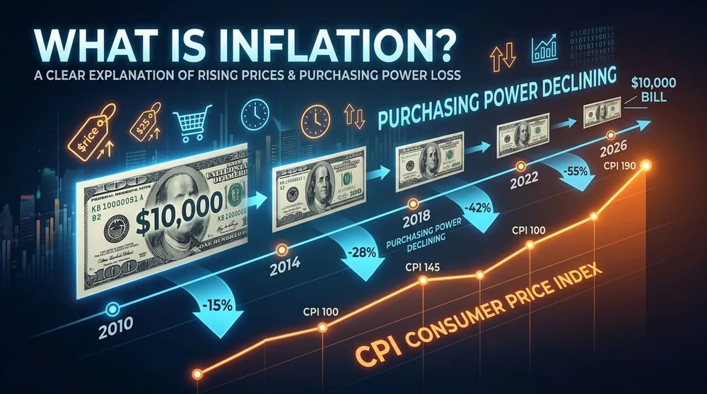 Graph showing how inflation erodes the real purchasing power of $10,000 over 15 years from 2010 to 2026