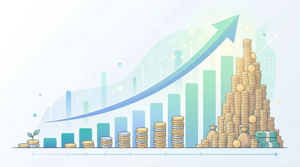 Illustration of exponential wealth appreciation and investment asset accumulation vs debt liabilities in 2026